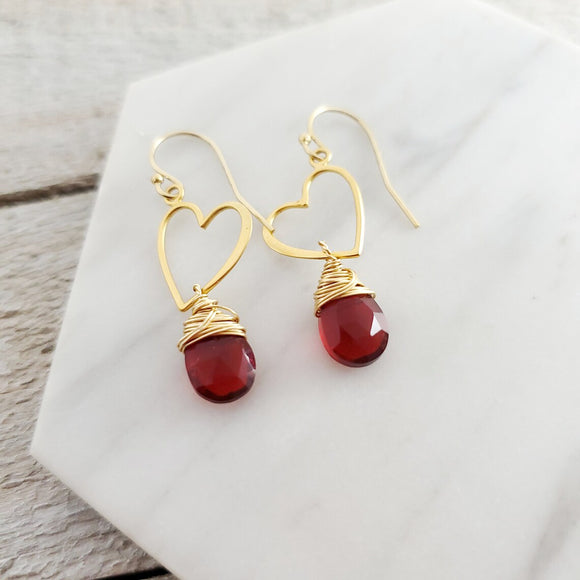 Sweetheart Garnet Drop Earrings - Red and Gold Heart Dainty 14k Gold Filled Earrings