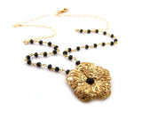 Gold Flower Black Onyx Gemstone Ornate Vintage Inspired OOAK Gold Filled Wire Wrapped Necklace