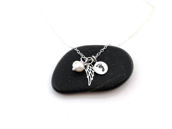 Footprint Angel Wing Necklace 925 Sterling Silver Memorial Necklace - Sympathy Jewelry