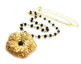 Gold Flower Black Onyx Gemstone Ornate Vintage Inspired OOAK Gold Filled Wire Wrapped Necklace