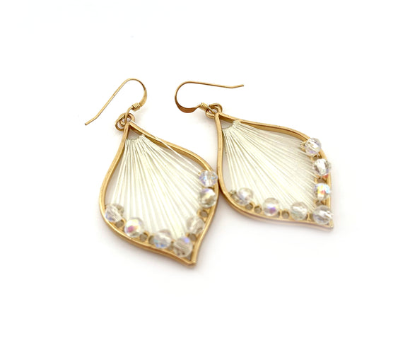 White Woven Thread and Crystal Beaded Earrings