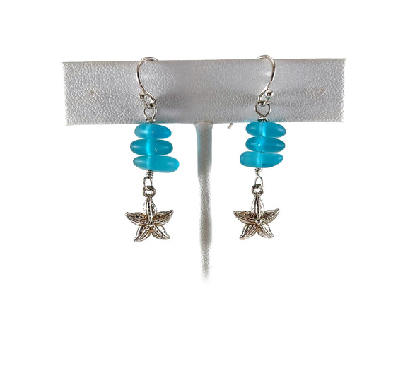 Blue Sea Glass Sterling Starfish Earrings