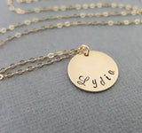 Mom Necklace - Custom Hand Stamped Name Disc Gold Necklace - 14k Gold Filled Jewelry