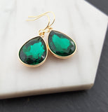 May Birthstone Earrings - Emerald Crystal Gold Filled Teardrop Earrings - Gift for Her