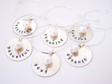Set of 6 Silver Hand Stamped Freshwater Pearl Wine Charms / Champagne Charms