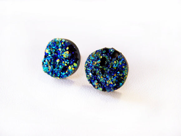 Sparkling Blue Faux Druzy Stud Post Earrings / Gift for Her