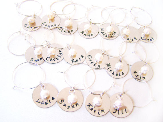 Hand Stamped Freshwater Pearl Wine Charms