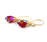Red Czech Glass Crystal Gold Filled Wire Wrapped Dainty Drop Earrings