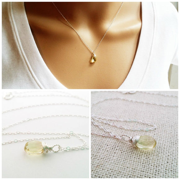 Yellow Citrine Necklace - November Birthstone - Dainty Drop Necklace - Sterling Silver Necklac