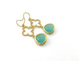 Aquamarine Glass Gold Clover Earrings