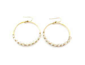 Moonstone Wire Wrapped Hammered Gold Hoops