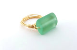 Aqua Sea Glass Ring - Gold Wire Wrapped Ring - Ring Size 6
