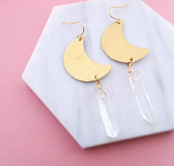 Gold Crescent Moon Crystal Earrings - Drop Earrings - Crystal Earrings