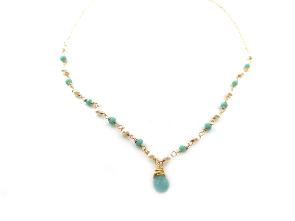 Aquamarine and Freshwater Pearl 14k Gold Filled Necklace