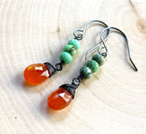Carnelian and African Turquoise Gemstone Oxidized Sterling Silver Earrings