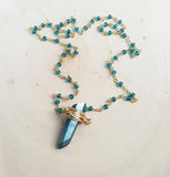 Blue Quartz Crystal Necklace - Rosary Chain Long Boho Necklace
