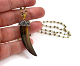 Brown Shell Pave Horn Smoky Quartz Long Rosary Chain Necklace