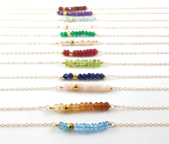 Gemstone Bar Necklace - Birthstone Dainty Bar 14k Gold Fill Wire Wrapped Necklace - Gift for Her