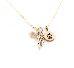 Paw Print Angel Wing Memorial Necklace - Pet Loss Necklace - 14k Gold Filled - Memorial Jewelry