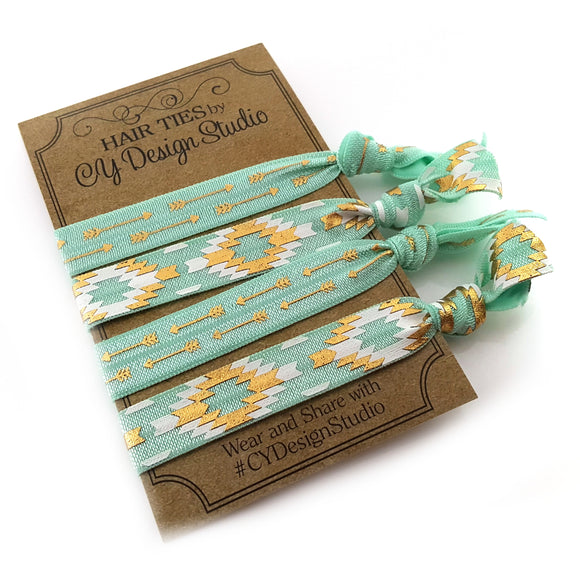 Tribal Pattern Hair Ties Set -Teal Hair Tie Gift Set - Arrows  - Gold Foil -  Ouchless Hairties - Party Favors