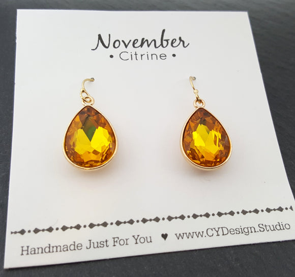 November Birthstone Earrings - Citrine Crystal Gold Filled Teardrop Earrings - Gift for Her