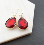 July Birthstone Earrings - Ruby Crystal Gold Filled Teardrop Earrings - Gift for Her