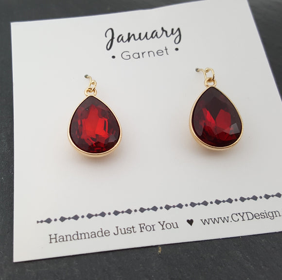 January Birthstone Earrings -  Garnet Crystal Gold Filled Teardrop Earrings - Gift for Her