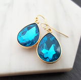 March Birthstone Earrings - Aquamarine Crystal Gold Filled Teardrop Earrings - Gift for Her