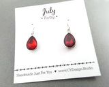 July Birthstone Earrings - Ruby Crystal Sterling Silver Teardrop Earrings