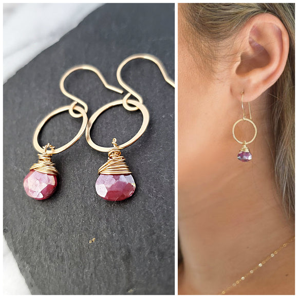 Ruby Quartz Earrings - 14k Gold Fill Earrings - Hammered Gemstone Hoop Earrings