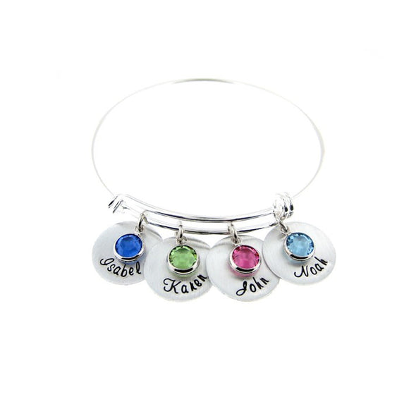 Mother's Birthstone and Name Disc Bangle Bracelet