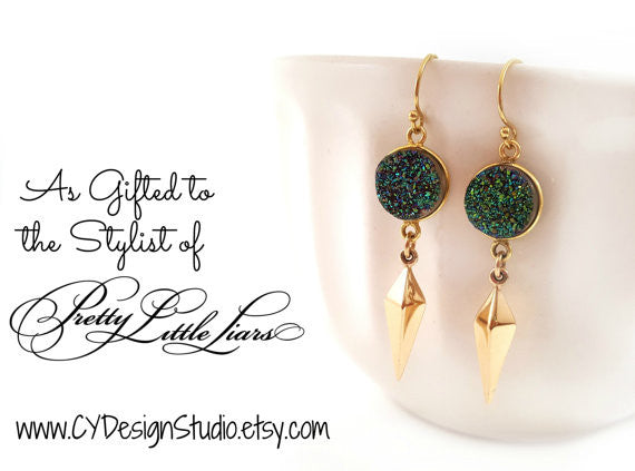 Rainbow Druzy Gemstone Gold Spike Earrings
