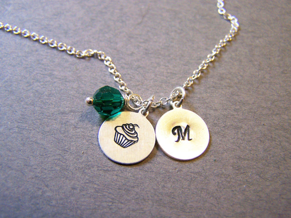 Monogrammed Sterling Silver Initial Swarovski Crystal Birthstone Birthday Cupcake Necklace / Gift for Her