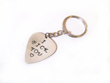 Hand Stamped Silver, Brass or Copper Guitar Pick Keychain