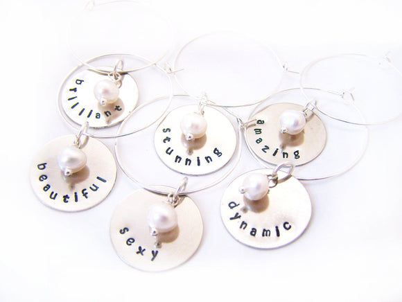 Set of 6 Silver Hand Stamped Freshwater Pearl Wine Charms / Champagne Charms