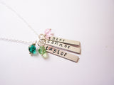 Personalized Three Names Hand Stamped Bar Swarovski Birthstone Necklace