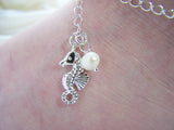Silver Seahorse Freshwater Pearl Beaded Chain Nautical Adjustable Anklet