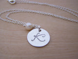 Sterling Silver Script Hand Stamped Initial Freshwater Pearl Personalized Necklace
