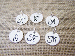 Add a Hand Stamped Silver Initial Charm / Script Font / Alphabet Intial Disc
