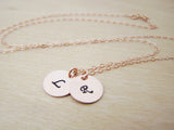 TWO INITIAL Disc Dainty Rose Gold Hand Stamped Initial Personalized Bridesmaid Necklace