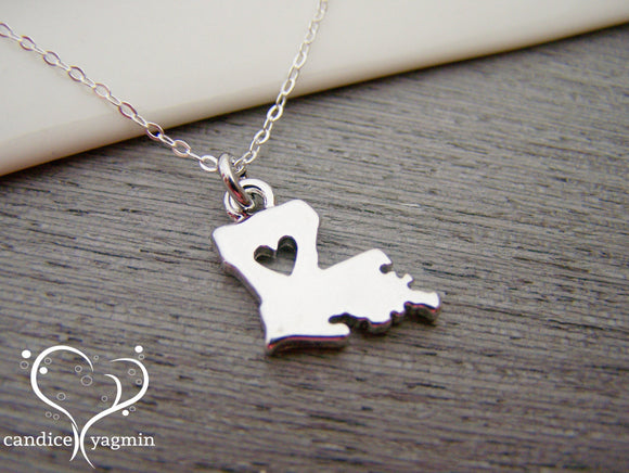 Louisiana State Heart Cut Out Charm Sterling Silver Necklace / Gift for Her - Louisiana Necklace - State Necklace - Geography Necklace