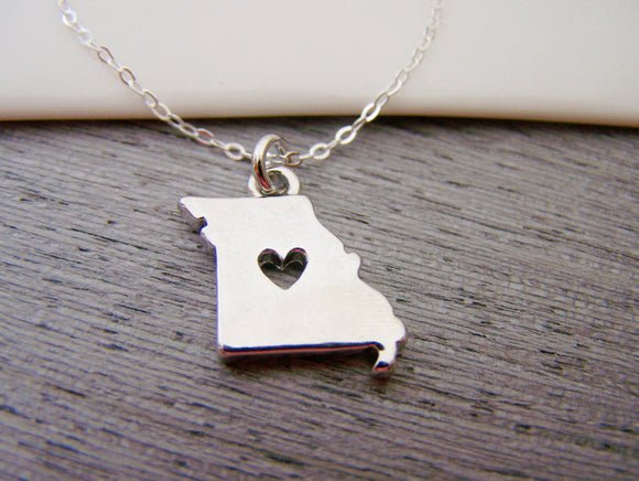 Missouri State Heart Cut Out Charm Sterling Silver Necklace / Gift for Her - Missouri Necklace - State Necklace - Geography Necklace