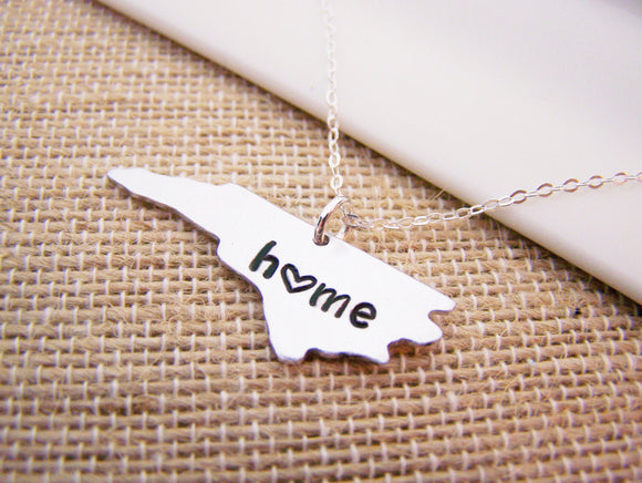North Carolina Home State Hand Stamped Heart North Carolina State Sterling Silver Necklace