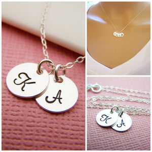 TWO Initial  - Tiny Sterling Silver Initial Disc Necklace