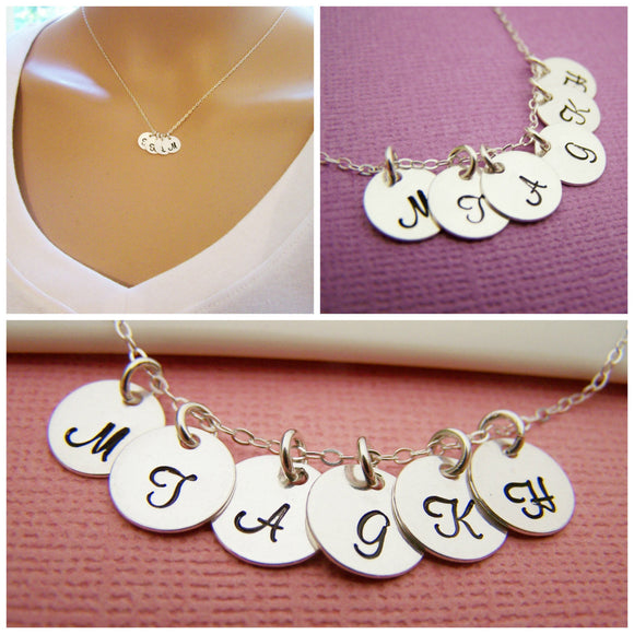 SIX Initial Necklace - Tiny silver initial necklace - mothers necklace - grandma necklace - hand stamped initials - childrens initials