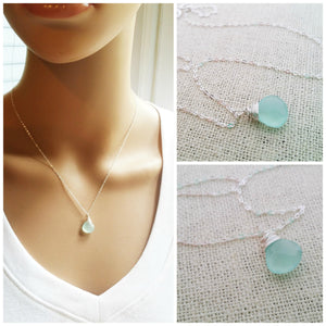 Aqua Chalcedony Wire Wrapped Briolette Sterling Silver Necklace
