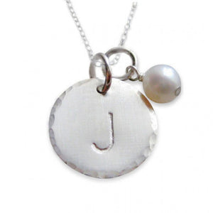 Sterling Silver Initial Hammered Disc Necklace with Pearl